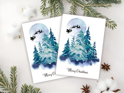 Новогодняя мини открытка "Санта Клаус развозит подарки. Merry Christmas" с ламинацией, 10х7 см.