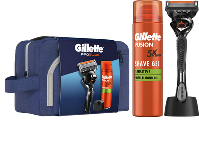 Zestaw upominkowy Gillette Maszynka do golenia dla mężczyzn ProGlide z 1 wymiennym wkładem + Żel do golenia Fusion5 200 ml + Stojak + Kosmetyczka (8700216534420)