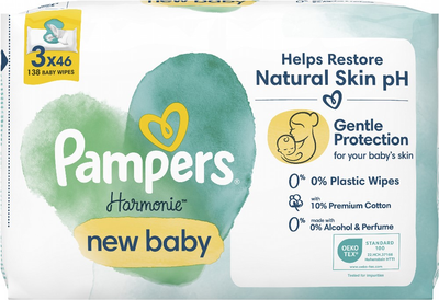 Opakowanie chusteczek nawilżanych dla niemowląt Pampers Harmonie New Baby 3 x 46 szt (8700216201025)