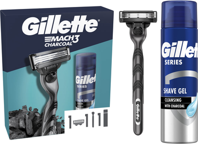 Подарунковий набір Gillette Mach3 Станок для гоління чоловічий Charcoal з 1 змінним картриджем + Гель для гоління 200 мл (8700216566469)