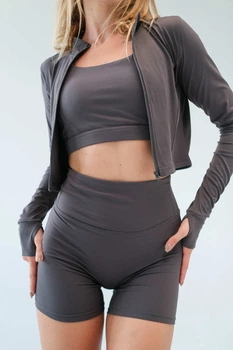 Женский комплект для спорта Soft, grey (топ, шорты, кофта на застежку) - L