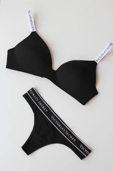 Комплект белья Victoria's Secret T-Shirt Cotton Lightly Lined Wireless Bra Black Set размер 34B+S