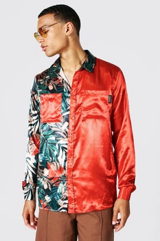 Рубашка Boohoo Tall Satin Palm Print Spliced ​​Червоний L AMM01998