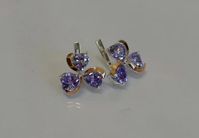 Серебряные серьги Silverstyle с золотыми напайками 061с, цвет камня фиолетовый