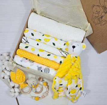 Набор для новорожденного: 5 пеленок, плед и игрушки a.l.babybox Лимон Желтый