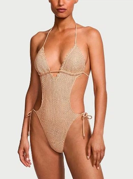 Купальник Victoria's Secret Swim Crochet Monokini One-Piece Swimsuit Бежевый L