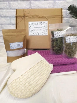 Набор 6 шт мужской для бани, сауны Relax, SPA вафельные полотенца, мочалка-перчатка из сизаля органическая, соль морская, органический крафтовый чай мята, чабрец (5743-2217)