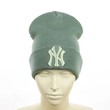 Молодежная однотонная шапка бини с вышивкой Нью Йорк (New York) (One-size) Фисташковый