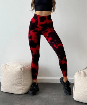 Спортивні жіночі легінси (лосини) Marble Blot Tie-Dye з ефектом пуш-ап для фітнесу та йоги Безшовні Плямисті Push Up M Червоний з чорним (5104M)