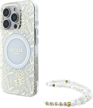 Панель Guess Hardcase IML Flowers Allover Electro With Pearl Strap MagSafe для Apple iPhone 16 Pro Max White (GUHMP16XHCPOFPH)