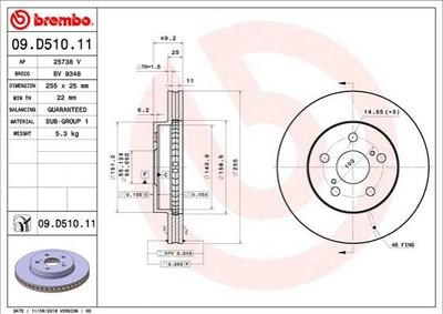 Тормозные диски BREMBO 09.D510.11 Toyota Prius 4351247060