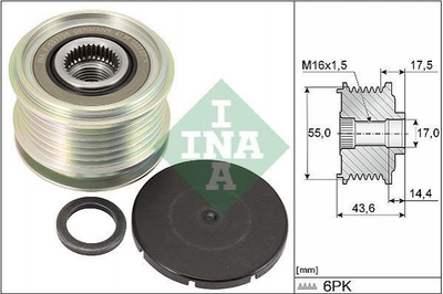 Шків генератора INA 535010510 Renault Grand Scenic, Kangoo, Sandero, Megane, Logan, Scenic, Laguna, Clio, Captur; Dacia Duster, Logan; Nissan Micra, Note, Tiida, Kubistar 7700110616, 7701477689, 06E903119K