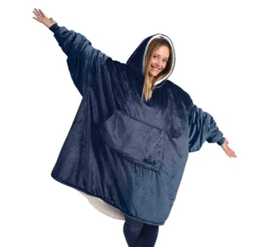 Плед толстовка с капюшоном плюшевый Huggle Hoodie синий теплый мягкий худи с карманом на флисе 80х100 см