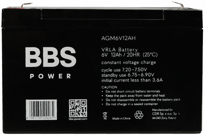 Акумулятор BBS Power AGM6V12AH AGM VRLA 6 V 12 Ah