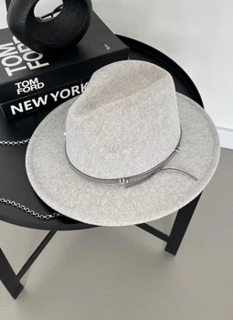 Шерстяная шляпа Федора с декором и цепочкой PEARL WOOL HAT серая