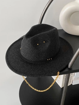 Шерстяная шляпа Федора с декором и цепочкой TREND HAT черная