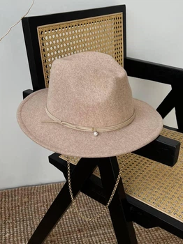 Шерстяная шляпа Федора с декором и цепочкой PEARL WOOL HAT молочная