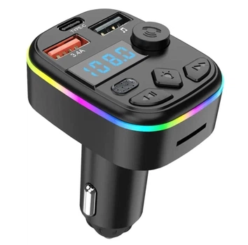 Автомобильный FM-трансмиттер Bluetooth 5.0 FM-передатчик 2 USB + TypeC ресивер, модулятор, плеер MP3 black