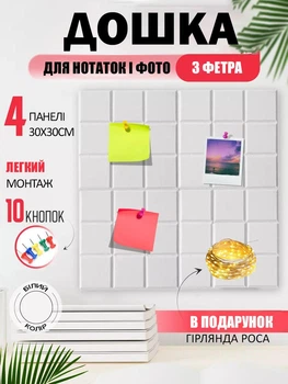 Дошка для нотаток для фотографій і нотаток із фетру 30x30 см із кнопками та герляндою роса білий (88071sk)