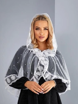 Жіноча накидка палантин для храму Family Tradition сітка з мереживом бусинами біла Сердечний трепет