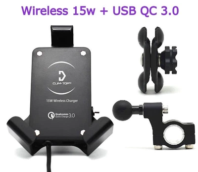 Металлический мото держатель телефона Cliff Top с беспроводной зарядкой 15w+USB на руль мотоцикла