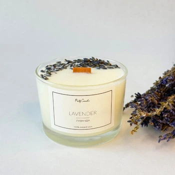 Ароматична свічка з ароматом Lavender (Лаванда) з натуральними квітами 200 ml в склі з дерев’яним гнотом.