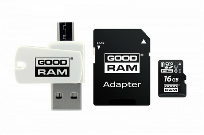 Карта памяти microSD 16Gb GOODRAM class10 UHS I U1 + SD adapter + OTG Card reader (M1A4-0160R12)