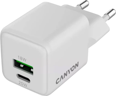 Сетевое зарядное устройство Canyon GaN CU20AC USB Type-A QC4.0 18W Type-C PD 20W White (CNS-CUW20AC)