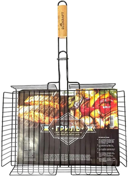 Решетка для гриля барбекю черная Ecokraft ZDBQ-46A 30х42 см с деревянной нержавеющей ручкой для овощей, грибов, рыбы