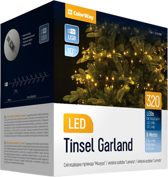 Светодиодная гирлянда-мишура ColorWay LED 320 10 м 8 функций USB Теплый белый (CW-G-320L10U)