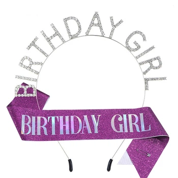 Набір на День народження стрічка через плече та обруч тіара Birthday Girl Honey Fashion Accessories One Size сріблястий+фіолетовий (12-208)