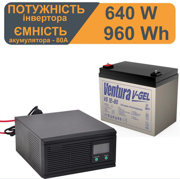 Комплект резервного питания | Номинальная мощность UPS 640 Вт | Правильная чистая синусоида | Поставляется с аккумулятором Ventura VG 12v-80Ah