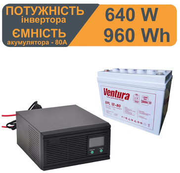 Комплект резервного питания | Номинальная мощность UPS 640 Вт | Правильная чистая синусоида | Поставляется с аккумулятором Ventura GPL 12-80Ah