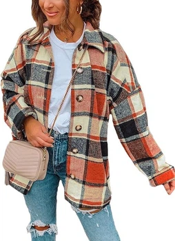 Фланельна сорочка-куртка HangNiFang Long Plaid Oversized Button Down Shirts Color: Orange/Red/Beige M