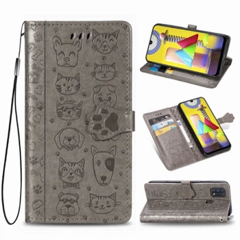 Чехол Embossed Cat and Dog для Samsung Galaxy M31 / M315 книжка кожа PU Grey