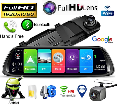 Відеореєстратор зеркало 10" сенсор Full HD 4G SIM Android GPS Wi-Fi Bluetooth FM-трансмітер з камерою заднього огляду AMR-810