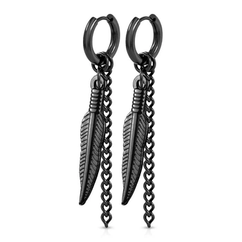 Серьги-трансформеры (кольца) из стали Spikes SE1008-K со съемными подвесками, перышками и цепочками (Черный)