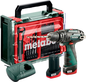 Аккумуляторная ударная дрель Metabo PowerMaxx SB Basic Set 12V 2x2Ah Li-Power, Зарядное устройство LC 40, Пластиковый кофр, с передвижной мастерской с 41 компонентом (600385710)