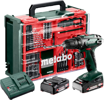 Аккумуляторная дрель-шуруповерт Metabo BS 18 Set 18V 2x2Ah Li-Power, Зарядное устройство SC 30, Пластиковый кофр, с передвижной мастерской с 74 компонентами (602207710)