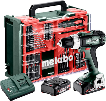 Аккумуляторная дрель-шуруповерт Metabo BS 18 L Set 18V 2x2Ah Li-Power, Зарядное устройство SC 30, Пластиковый кофр, с передвижной мастерской с 74 компонентами (614051710)