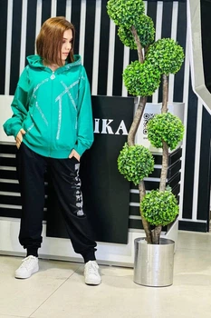 Женский спортивный костюм с капюшоном и со стразами VEDIKA STRIPE, Турция 52 Зеленый