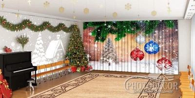 Новогодние Фото Шторы в детский сад PHOTODECOR "Ветви елок и игрушки"