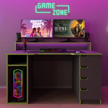 Стол компьютерный игровой Майнкрафт Люкс с подсветкой RGB Антрацит салатовой кромкой L=1600мм (арт.SKRZ1000-116)