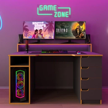 Стол компьютерный игровой Майнкрафт Люкс с подсветкой RGB Антрацит c оранжевой кромкой L=1600мм (арт.SKRZ1000-114)