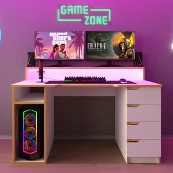 Стол компьютерный игровой Майнкрафт Люкс с подсветкой RGB Белый с оранжевой кромкой L=1600мм (арт.SKRZ1000-119)