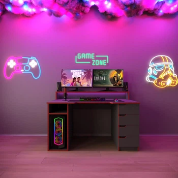 Стол компьютерный игровой Майнкрафт Люкс с подсветкой RGB Антрацит c красной кромкой L=1600мм (арт.SKRZ1000-113)
