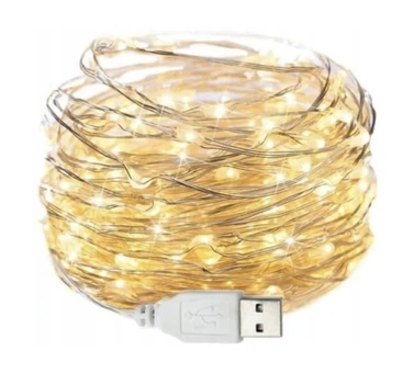 Гирлянда Роса 10м, проволка на батарейках+ USB: 100 LED, теплый белый (a29warmwhite)