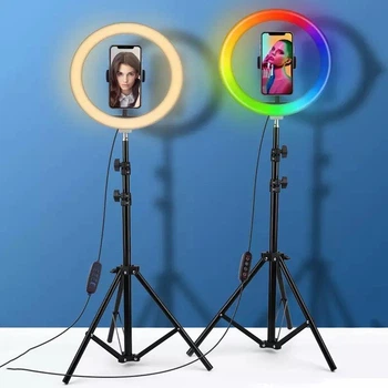 Кольцевая Светодиодная LED лампа 33см RGB цветная со Штативом 210см, Лампа Блогера, Тиктокера