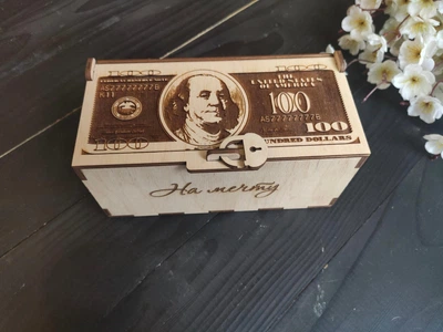 Шкатулка "На мечту", копилка для денег из фанеры с гравировкой 100$, под заказ (ШК0019)