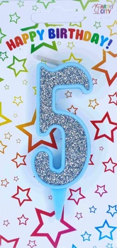 Свеча цифра на торт "5" голубая с серебром